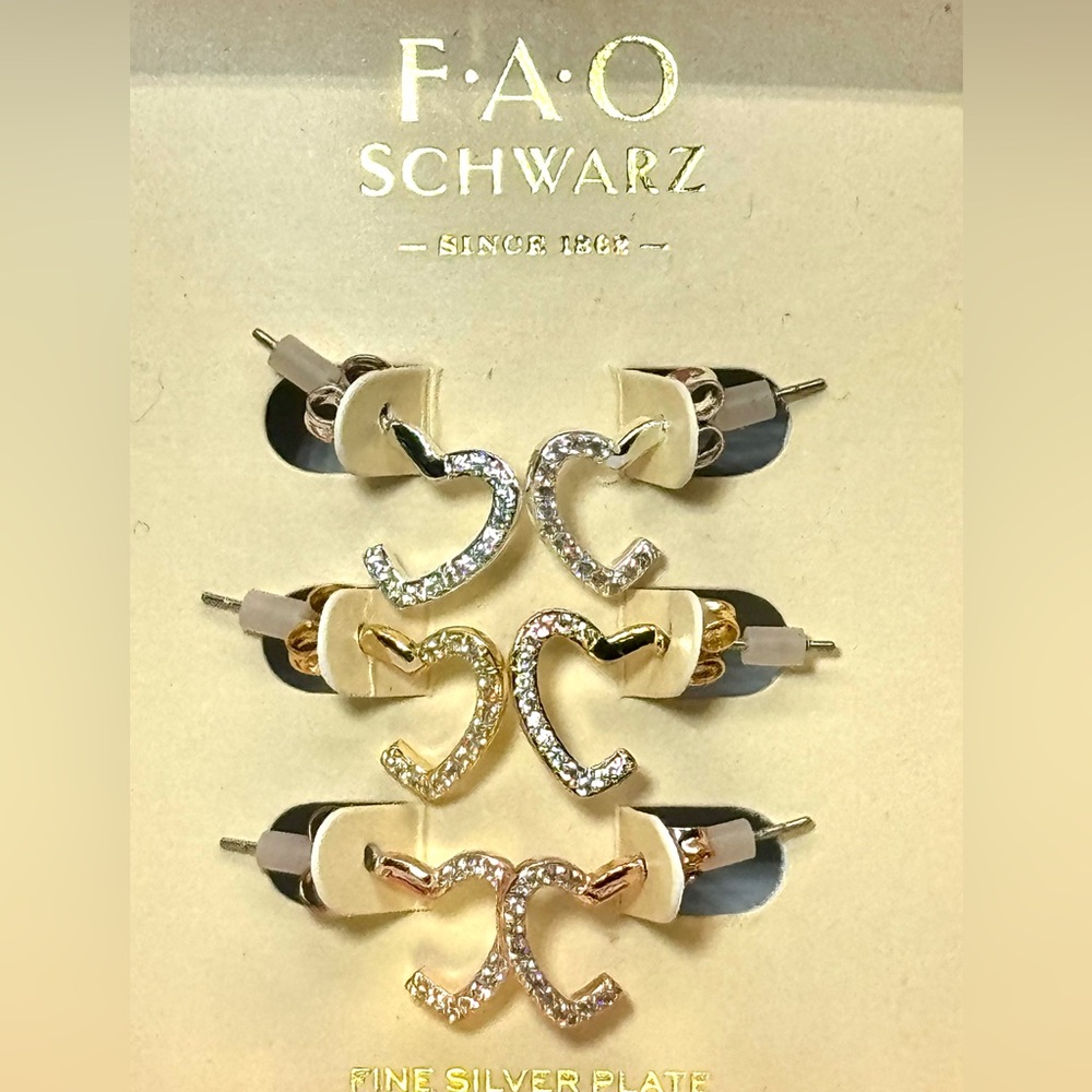 FAO SCHWARTZ Box Set Of 3 pairs of Heart Open Hoop Earrings in Gold Rose Silver